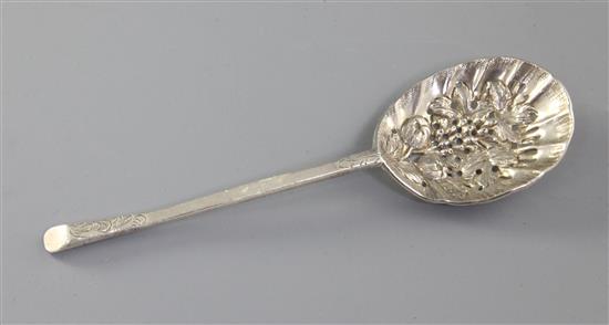 A 17th century Commonwealth silver slip top spoon by Stephen Venables, with later embossed and pierced decoration, 48 grams.